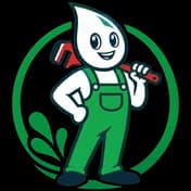 Dude Drainage mascot, a smiling water drop in green overalls holding a wrench