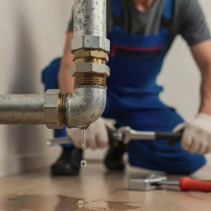 Water dripping from a pipe joint while a plumber works on it