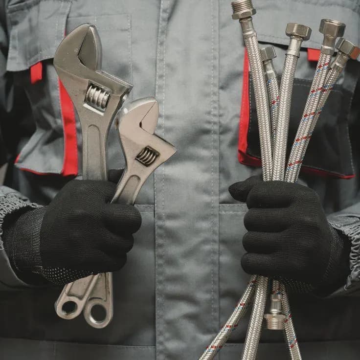 A plumber holding wrenches and braided water hoses